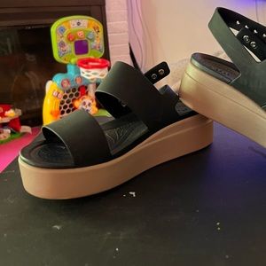 Black and brown Croc wedges